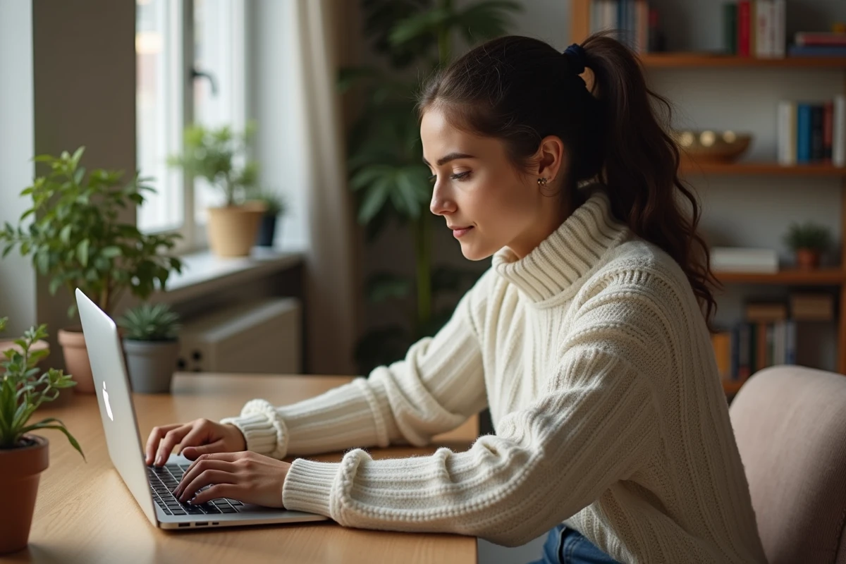 Jeune femme concentrée sur son ordinateur pour un achat en ligne