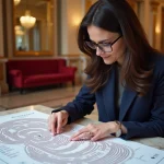 Femme en blazer navy étudie un plan du théâtre PalaisRoyal