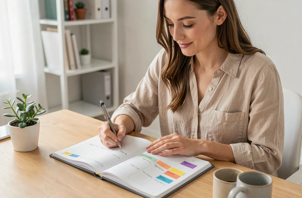 Femme organisée écrivant dans un planner hebdomadaire à son bureau en bois, avec des stickers colorés et une tasse de café, dans un espace de travail minimaliste et ordonné