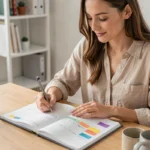 Femme organisée écrivant dans un planner hebdomadaire à son bureau en bois, avec des stickers colorés et une tasse de café, dans un espace de travail minimaliste et ordonné