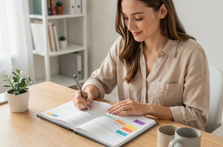 Femme organisée écrivant dans un planner hebdomadaire à son bureau en bois, avec des stickers colorés et une tasse de café, dans un espace de travail minimaliste et ordonné