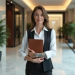 Femme professionnelle en entreprise couvrant ses tatouages sous un blazer dans un hall de bureau moderne