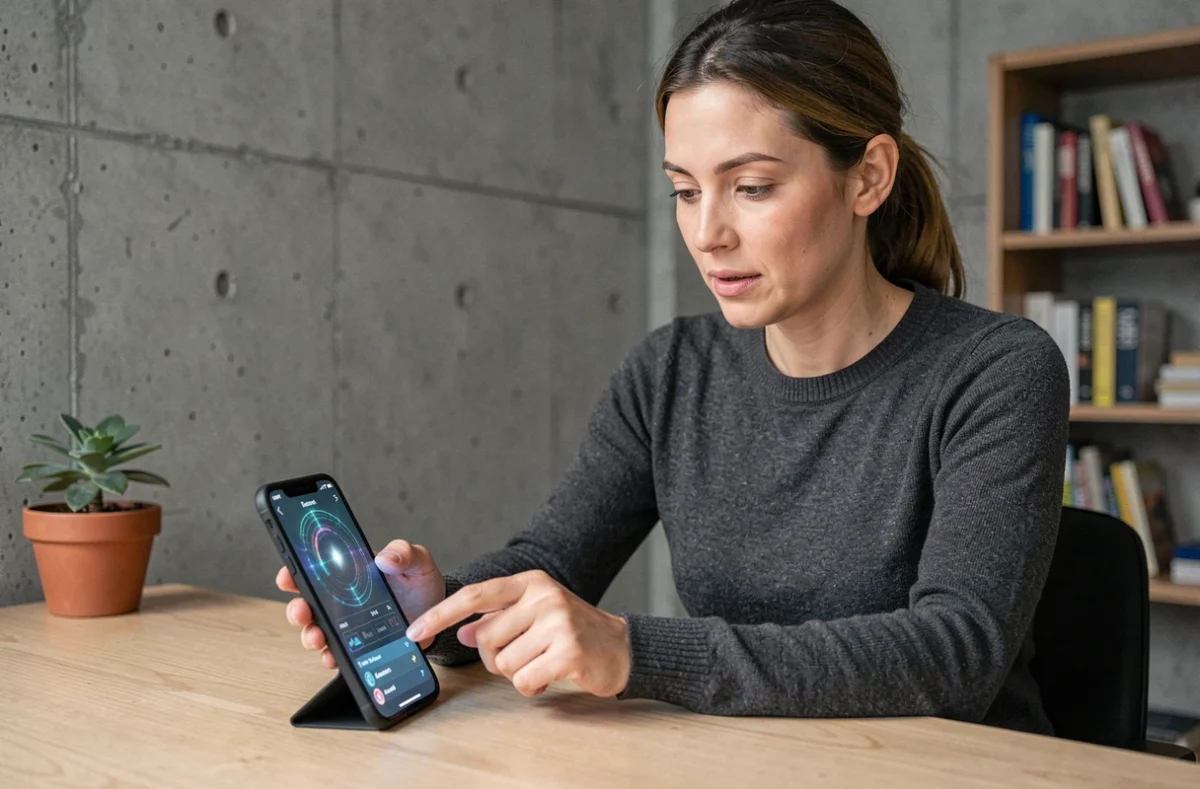 Femme utilisant un smartphone pliable dans un bureau moderne en 2024, illustration des innovations technologiques du quotidien