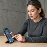 Femme utilisant un smartphone pliable dans un bureau moderne en 2024, illustration des innovations technologiques du quotidien