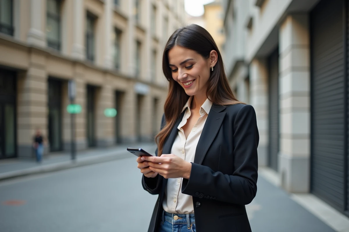 Femme souriante utilisant son smartphone en ville