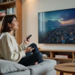 Jeune femme française regardant Wooka streaming sur sa télévision dans un salon moderne parisien