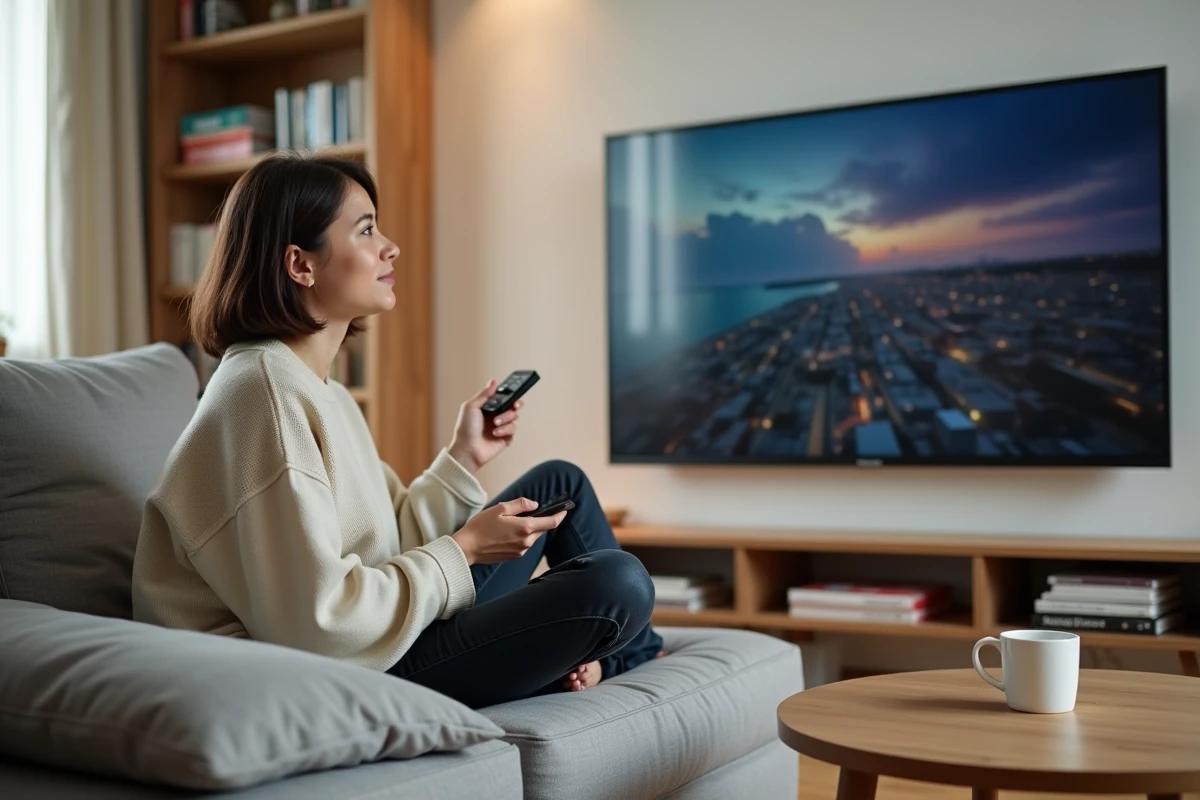 Jeune femme française regardant Wooka streaming sur sa télévision dans un salon moderne parisien
