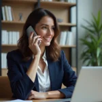 Femme au téléphone dans un bureau à domicile pour contacter le service client Arkevia coffre-fort numérique