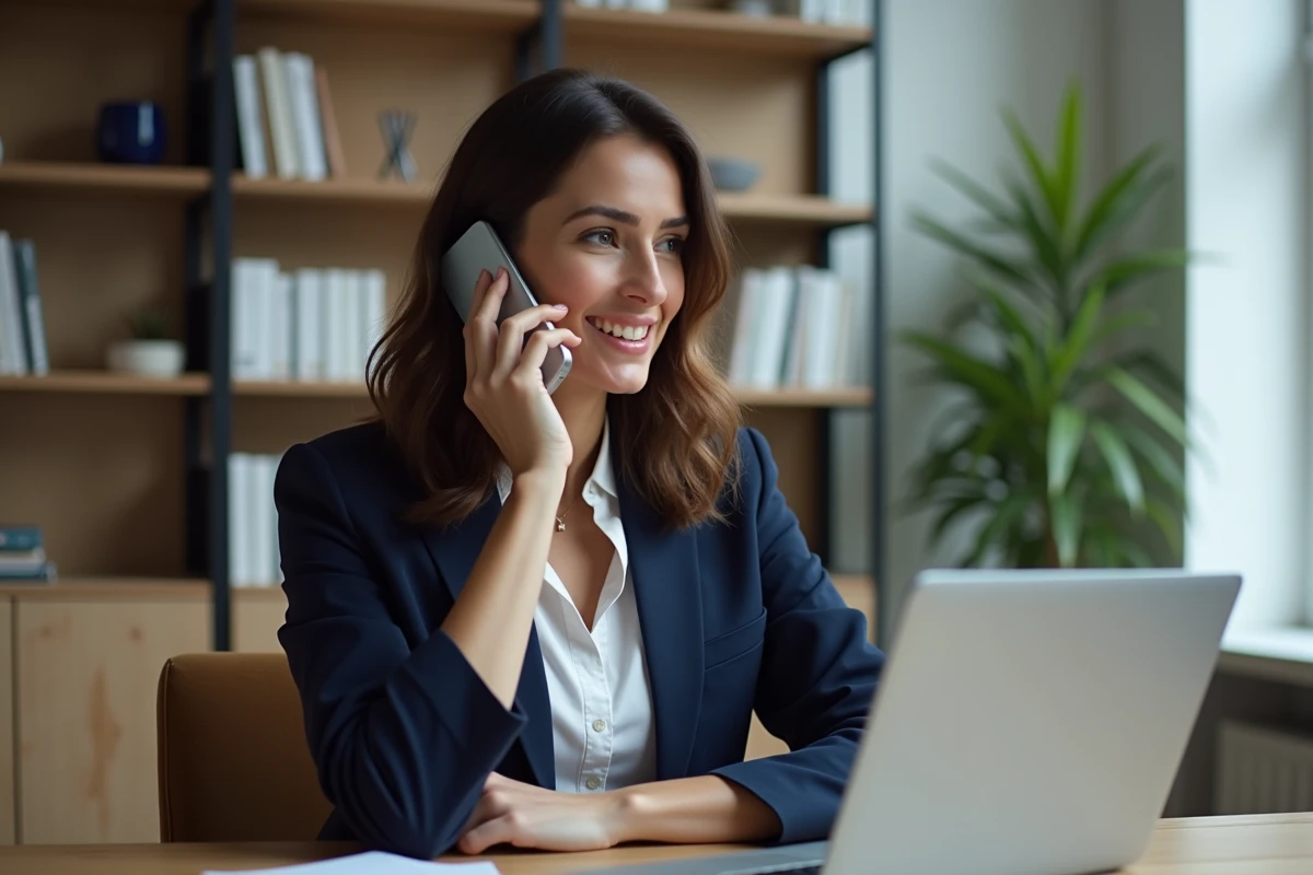 Femme au téléphone dans un bureau à domicile pour contacter le service client Arkevia coffre-fort numérique
