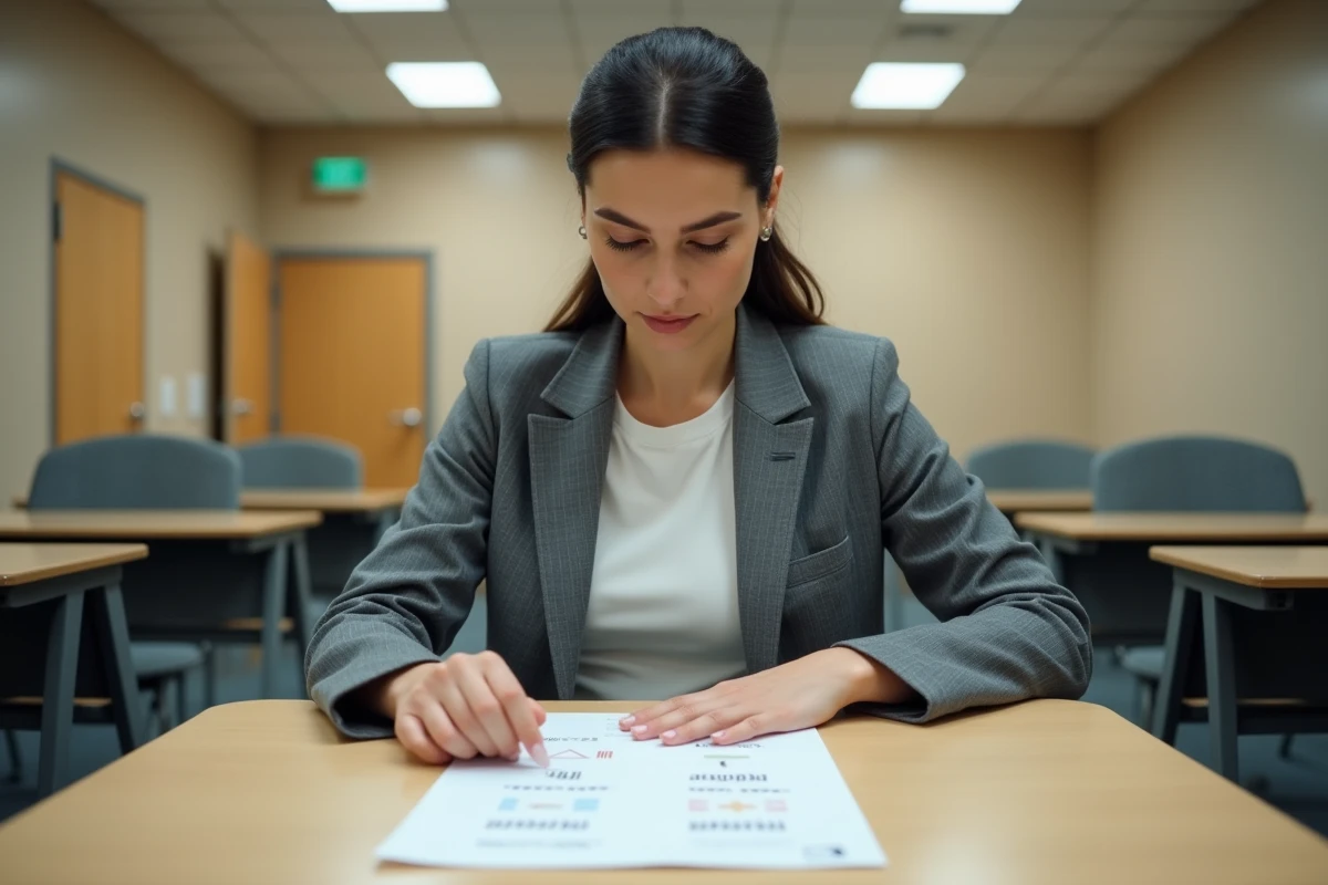 Femme candidate passant un exercice de raisonnement logique lors d'un test psychotechnique SNCF dans une salle d'examen