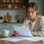 Femme examine des résultats de test dans la cuisine