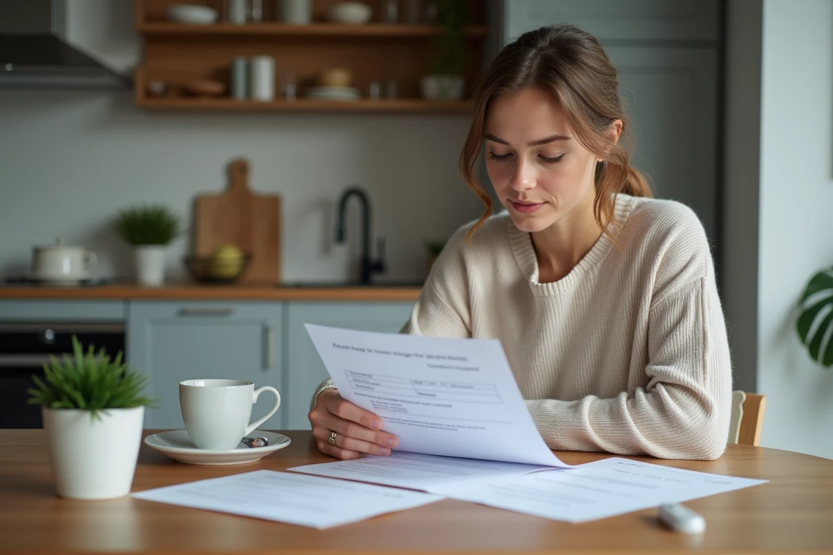 Femme examine des résultats de test dans la cuisine