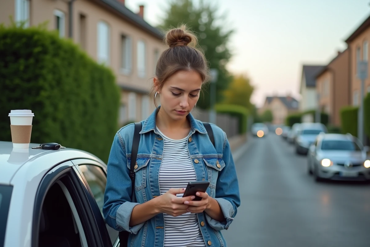 Femme vérifiant son smartphone près de sa voiture