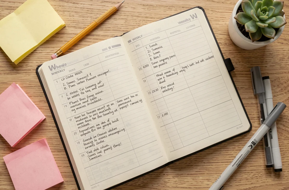 Vue en plongée d'un planner ouvert sur un bureau en chêne clair avec des notes autocollantes pastel, des stylos et une plante succulente, illustrant une organisation quotidienne structurée