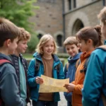 Groupe d'élèves devant un bâtiment historique avec guide