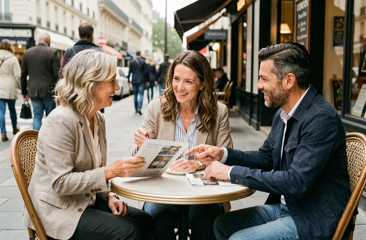 Groupe de lecteurs discutant d'articles d'un magazine en terrasse de café parisien