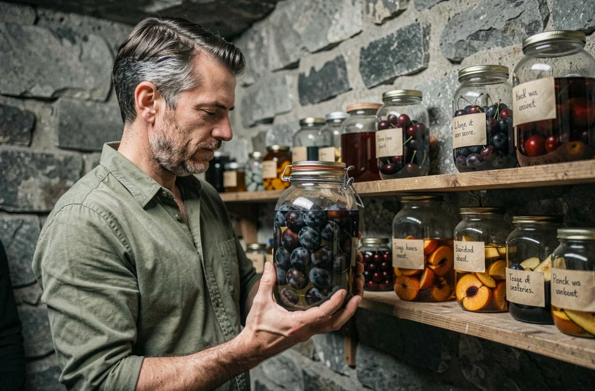 Homme examinant des bocaux de fruits macérés à l'alcool alimentaire 90 degrés dans une cave artisanale aux murs en pierre