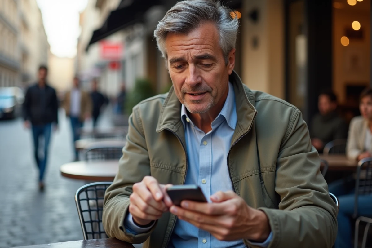 Homme lisant des avis clients sur son smartphone au café
