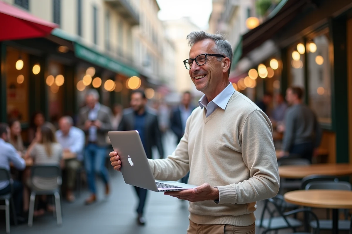 Homme expliquant une tendance digitale en terrasse urbaine