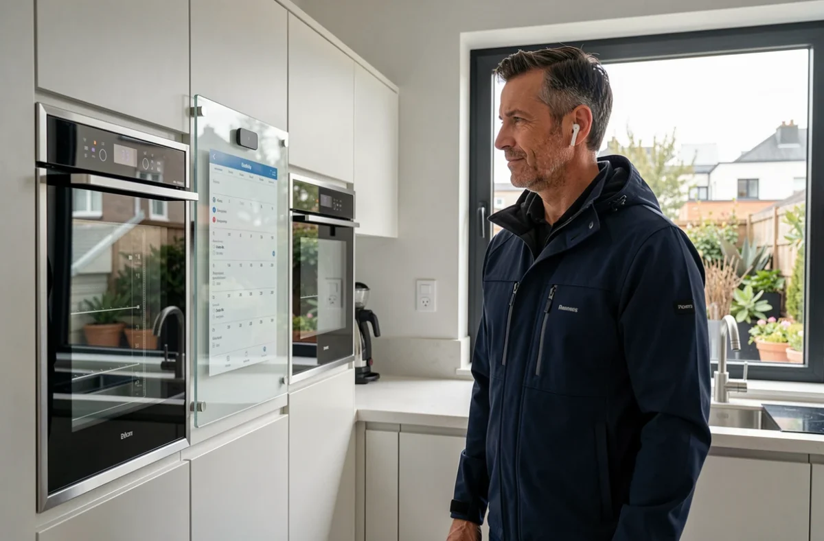 Homme dans une cuisine connectée équipée d'appareils intelligents et d'écrans tactiles, reflet des innovations technologiques en 2024