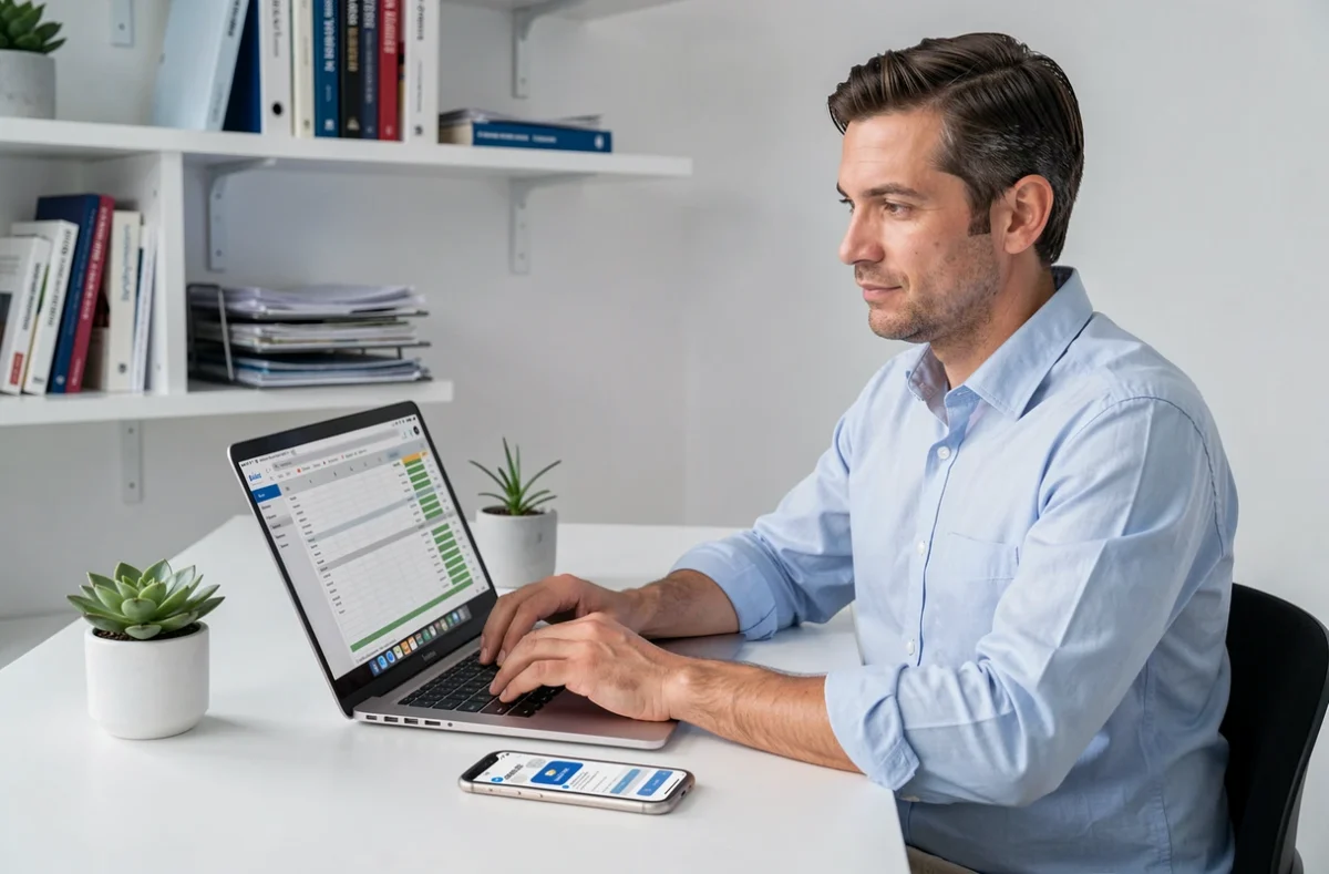 Homme consultant une application bancaire et un tableau de bord de finances personnelles sur ordinateur dans un bureau moderne