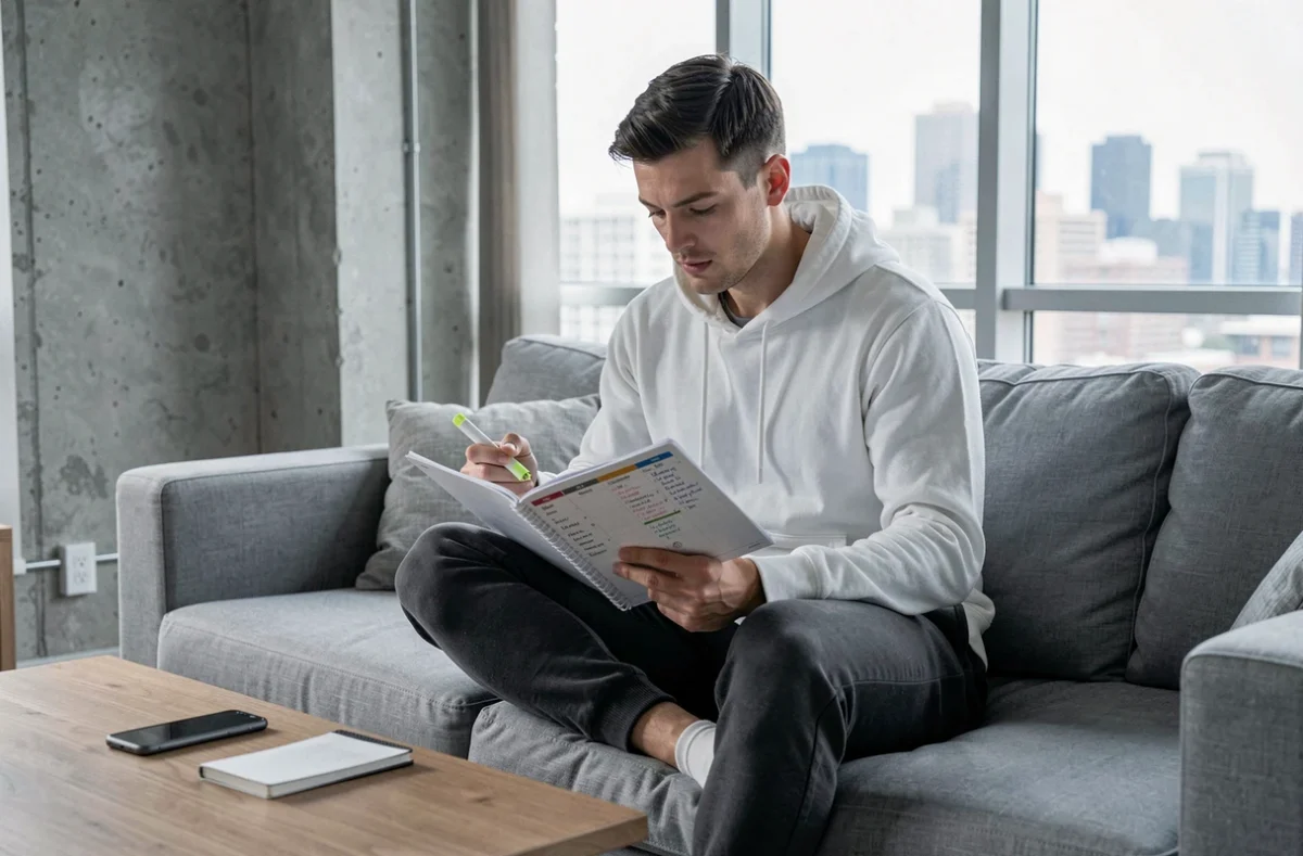 Jeune homme consultant son planner mensuel sur un canapé gris dans un appartement moderne, avec des listes de tâches manuscrites et un surligneur à la main