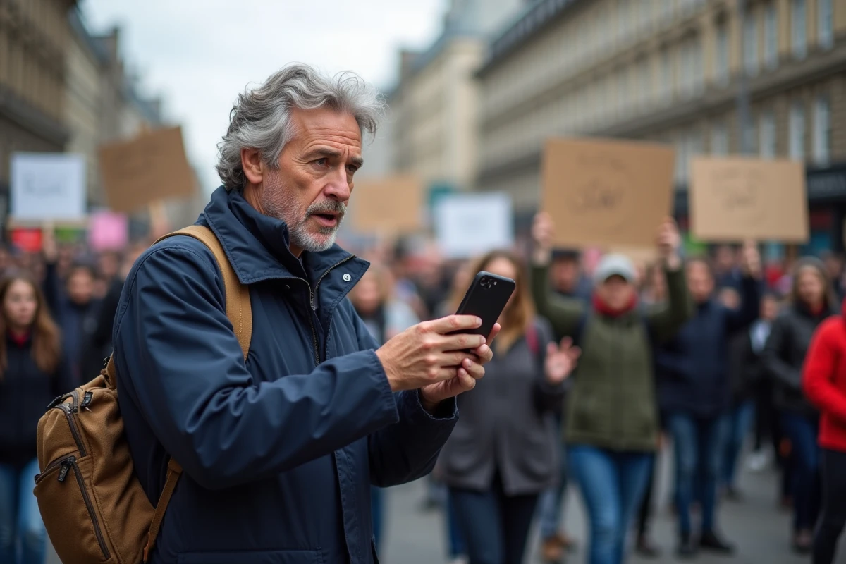 Homme enregistrant un reportage vidéo lors d