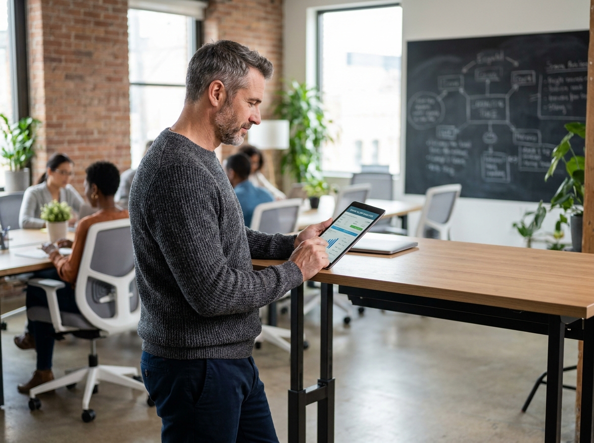 Homme utilisant un simulateur de salaire en portage salarial dans un espace de coworking
