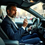 Homme en costume dans une voiture avec alcootest