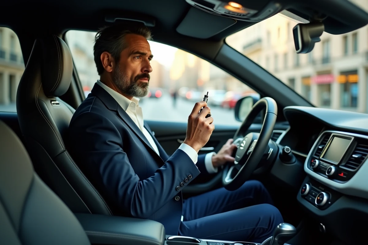Homme en costume dans une voiture avec alcootest
