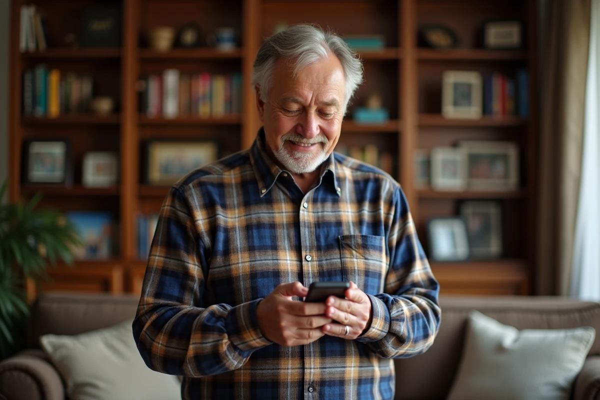 Homme agee compose un message sur son téléphone Doro dans le salon