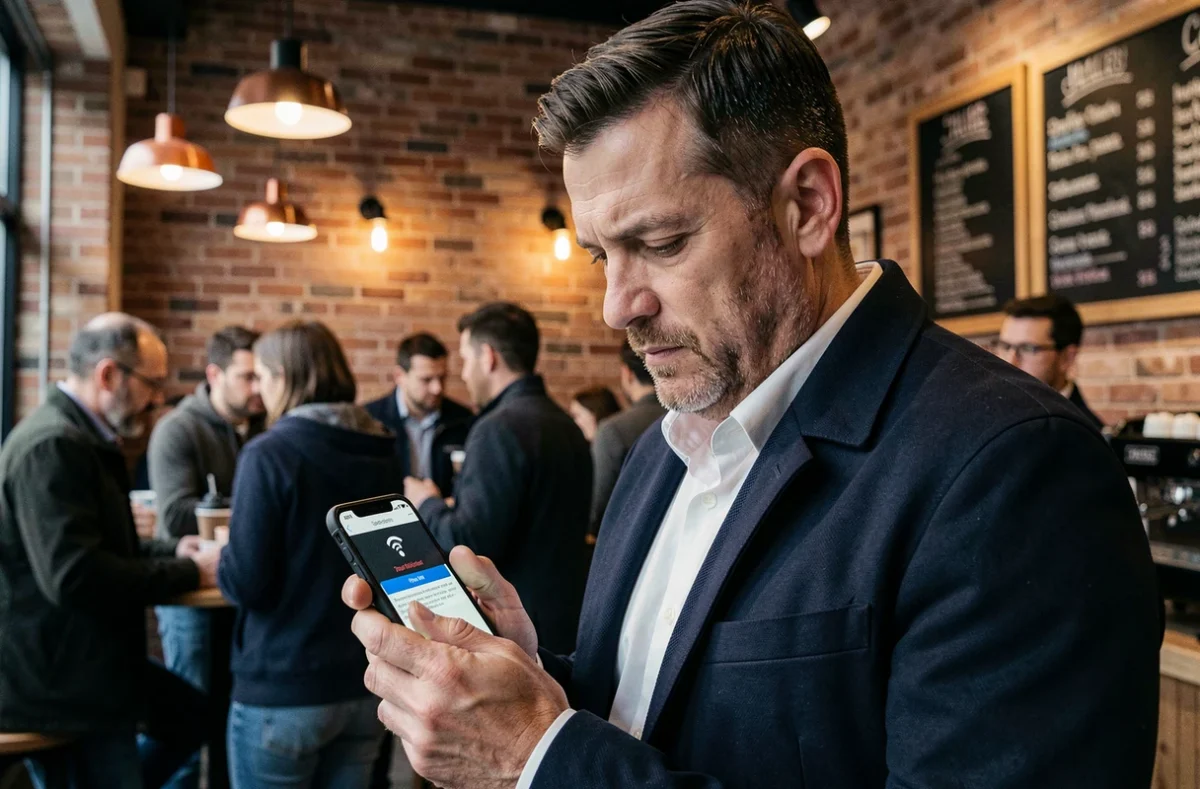 Homme vérifiant sa connexion VPN sur smartphone dans un café public potentiellement non sécurisé
