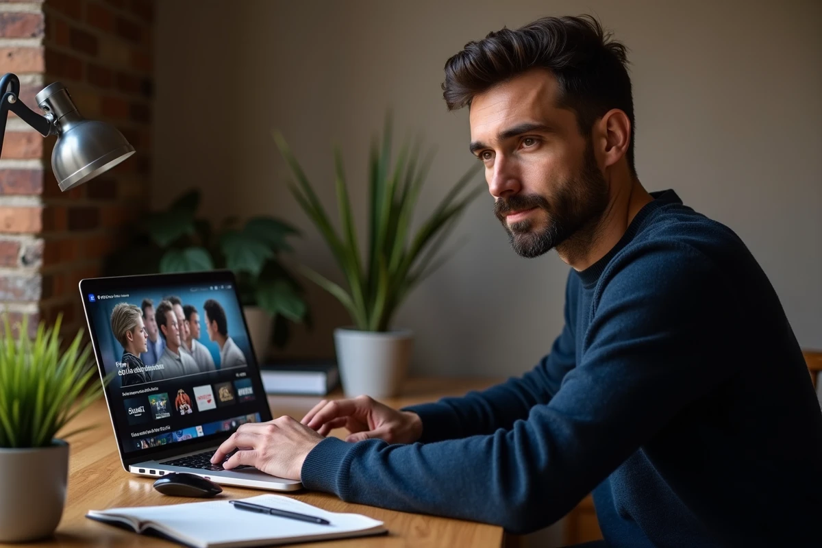Homme français utilisant Wooka streaming sur ordinateur portable dans un bureau à domicile