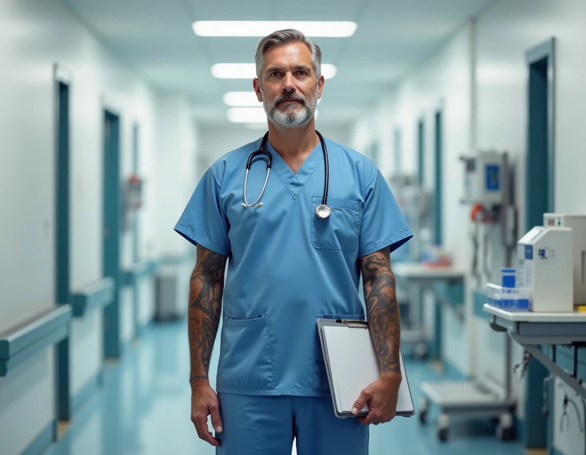 Infirmier masculin en blouse à manches longues couvrant ses tatouages dans un couloir d'hôpital