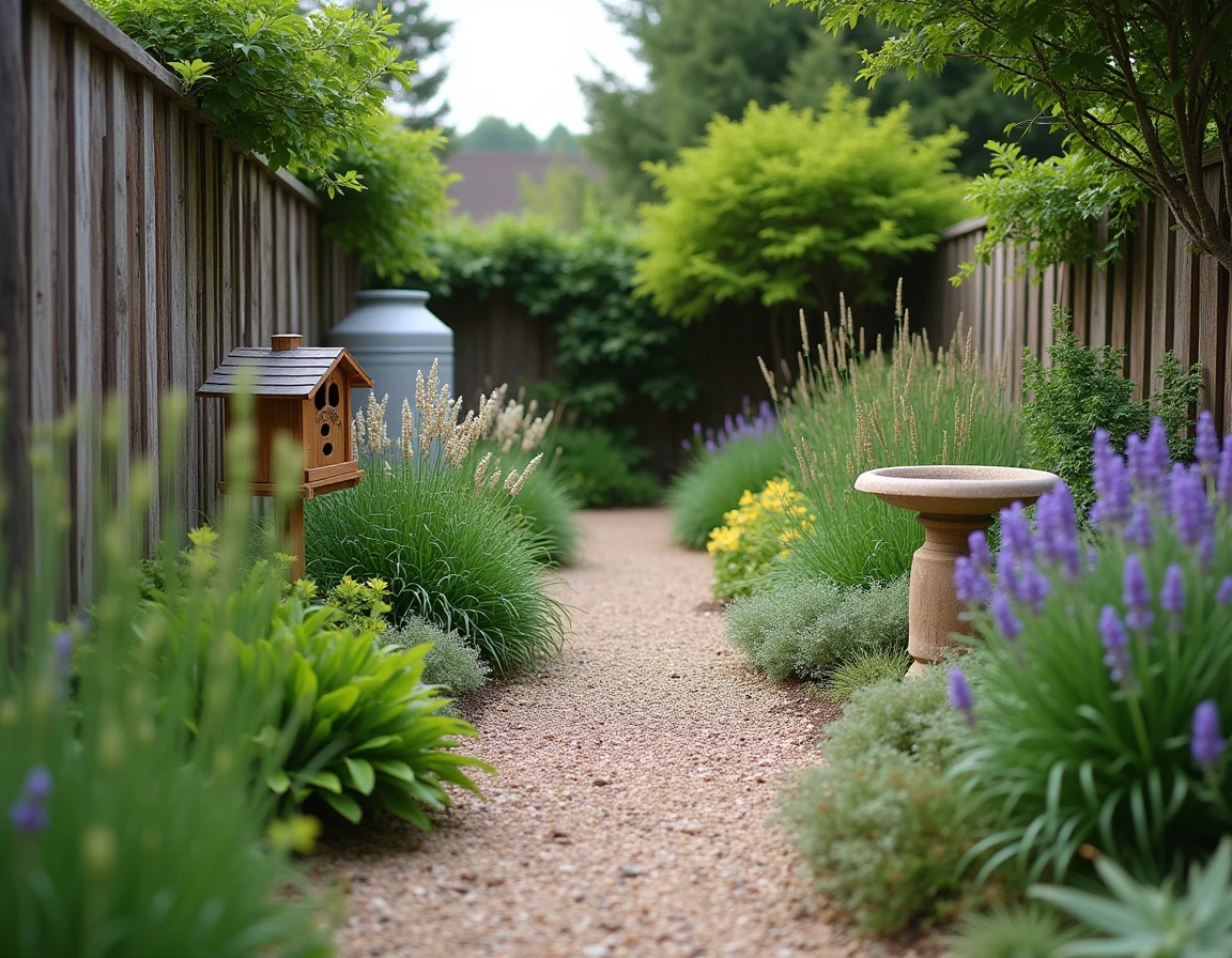 Jardin naturel écoresponsable avec allée en gravier, hôtel à insectes et récupérateur d'eau de pluie