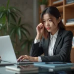 Jeune femme en bureau moderne travaillant sur son ordinateur