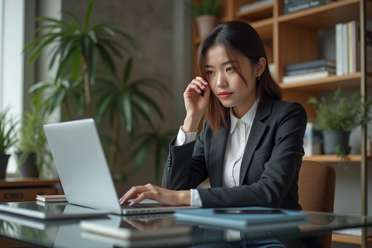 Jeune femme en bureau moderne travaillant sur son ordinateur