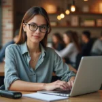 Jeune femme concentrée au café avec ordinateur et enregistrement