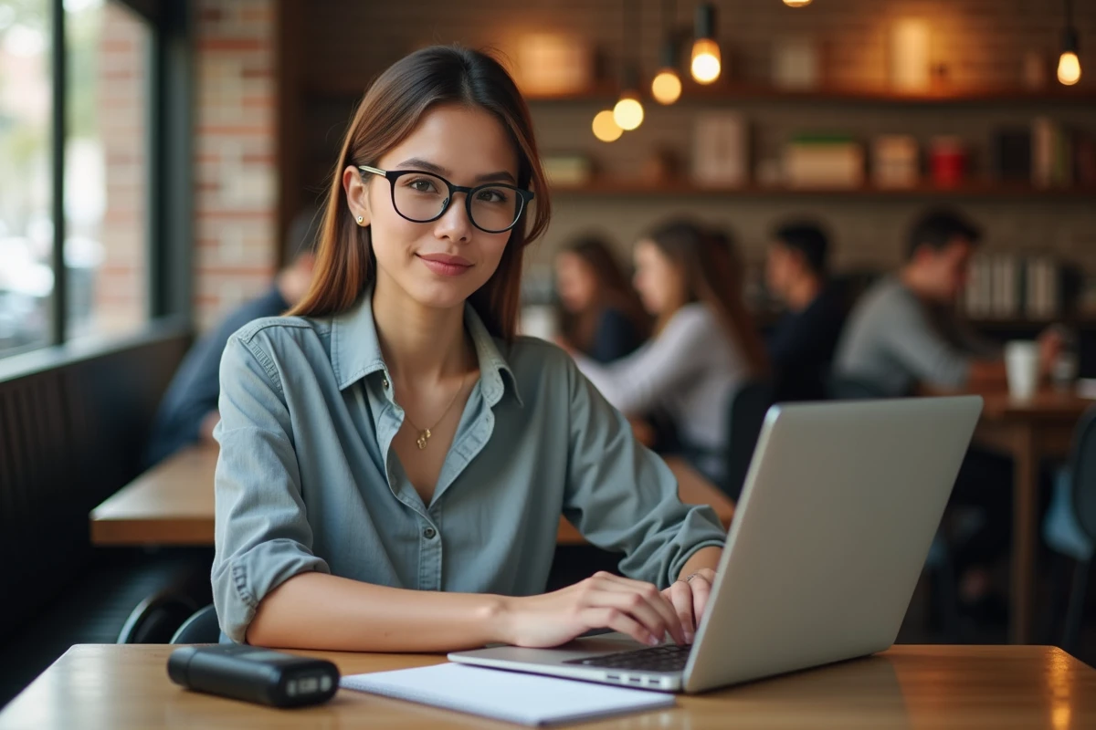 Jeune femme concentrée au café avec ordinateur et enregistrement