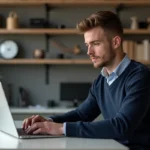 Jeune homme en bureau moderne travaillant sur son ordinateur
