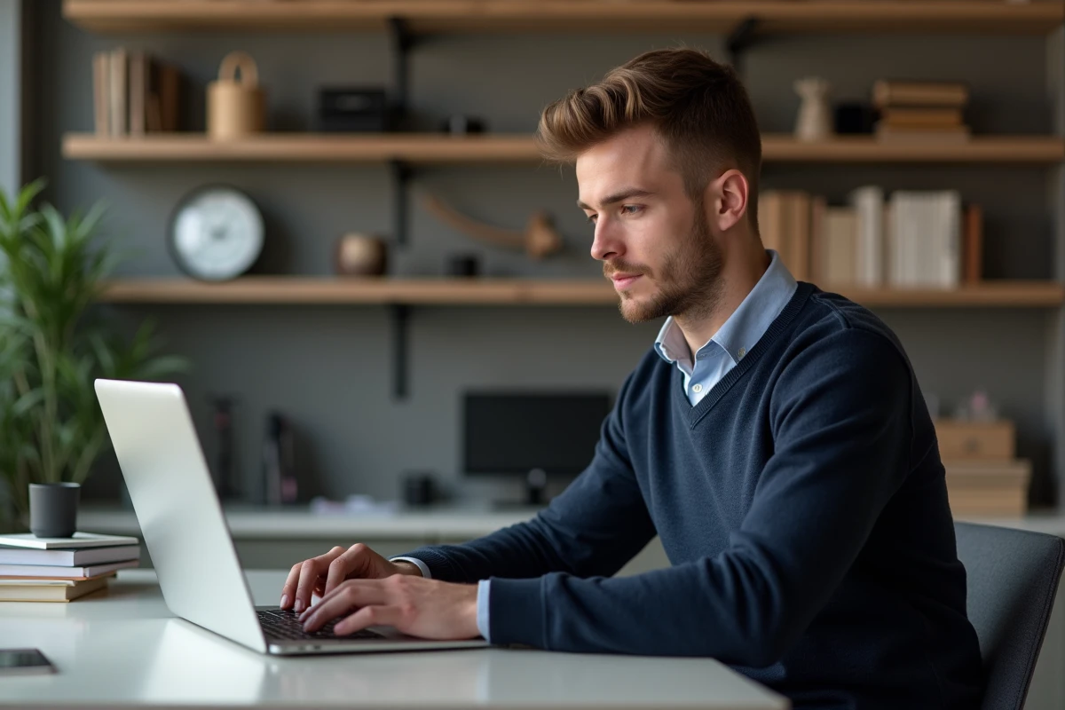 Jeune homme en bureau moderne travaillant sur son ordinateur