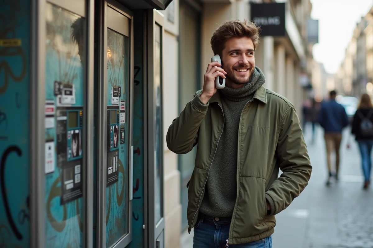 Jeune homme français parlant au téléphone dans la rue