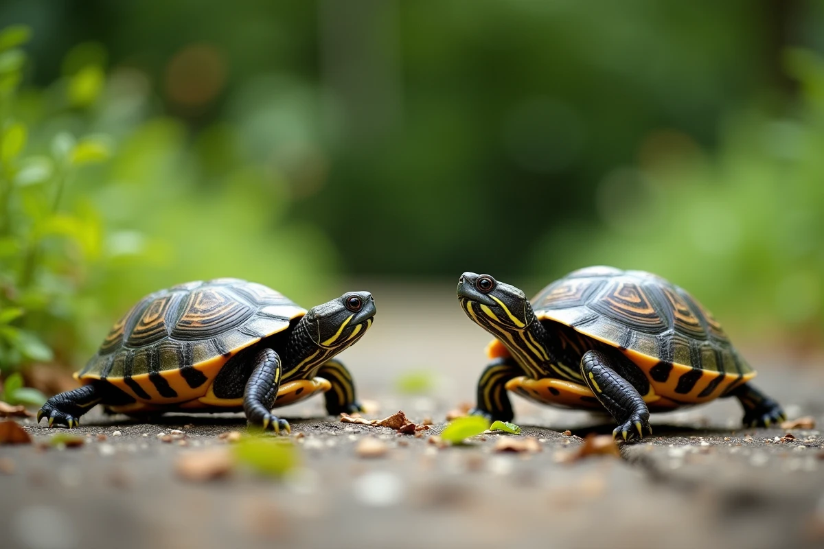 Tortues juvéniles en gros plan sur une pierre dans un jardin