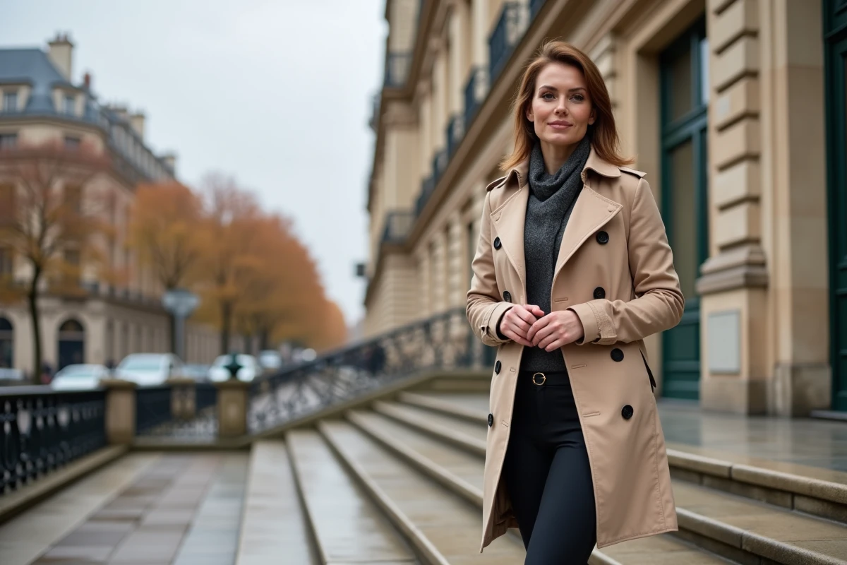 Journaliste élégante en imperméable beige devant une façade parisienne, silhouette complète illustrant sa stature et sa prestance