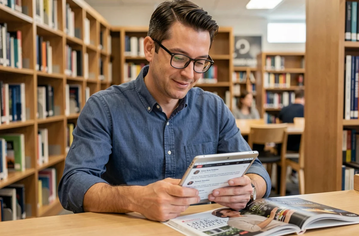 Homme en bibliothèque consultant des avis de lecteurs sur tablette à côté d'un magazine ouvert