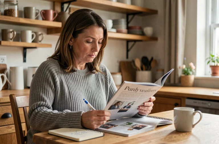 Femme lisant et annotant un magazine à sa table de cuisine, illustrant les avis de lecteurs d'Epershand Magazine