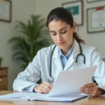 Médecin généraliste française en consultation, consultant des documents médicaux dans un cabinet professionnel moderne