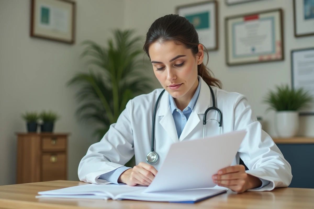 Médecin généraliste française en consultation, consultant des documents médicaux dans un cabinet professionnel moderne