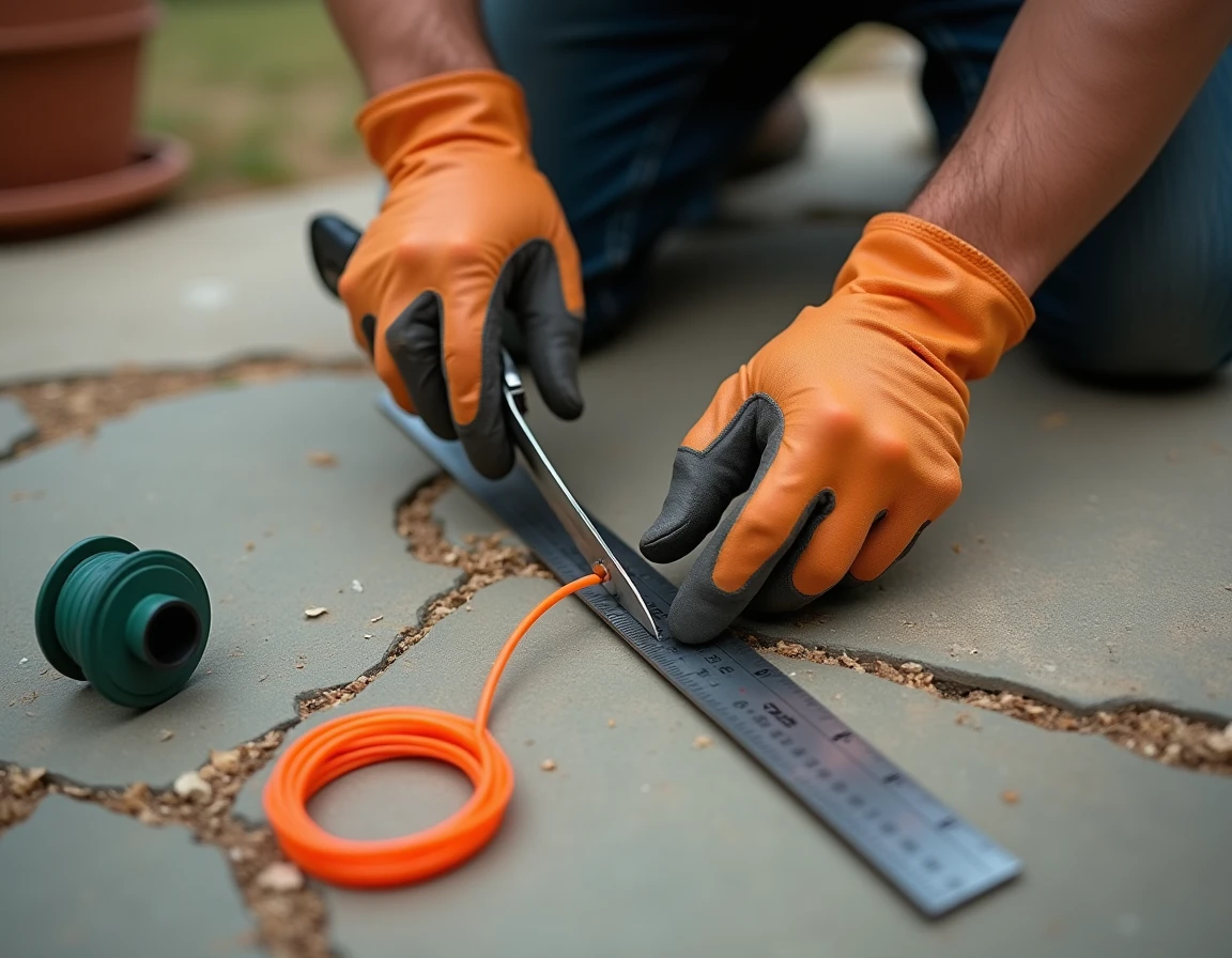 Gros plan sur les mains mesurant et coupant un fil de rotofil à la bonne longueur