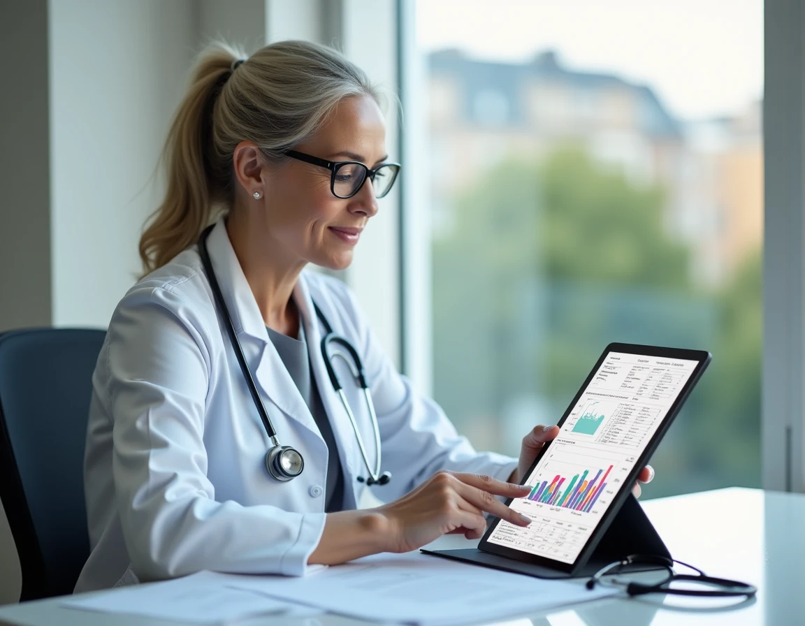 Oncologue examinant les résultats d'une analyse de sang pour détecter un cancer en consultation médicale